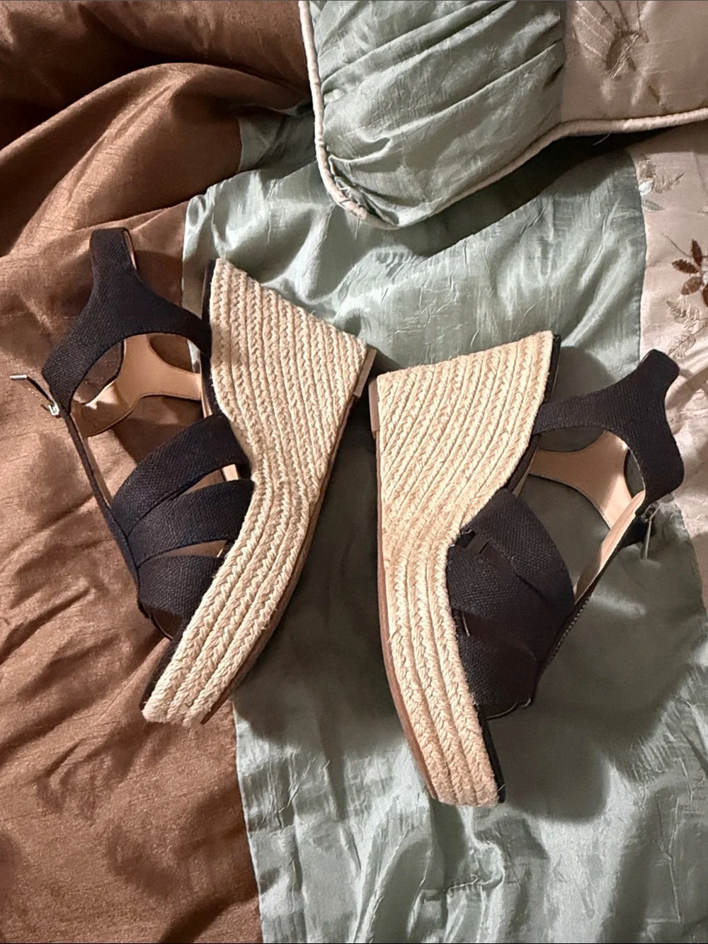 Michael Kors Black Canvas Espadrille Wedge Sandals with Front Zipper Detail